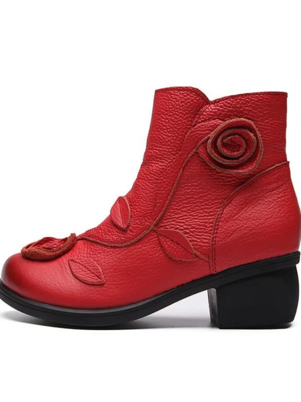 NWOT Red Genuine Leather Ankle Boots Floral Appliqué, Round Toe, Block Heel 8.5